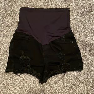 Black stretch denim maternity shorts